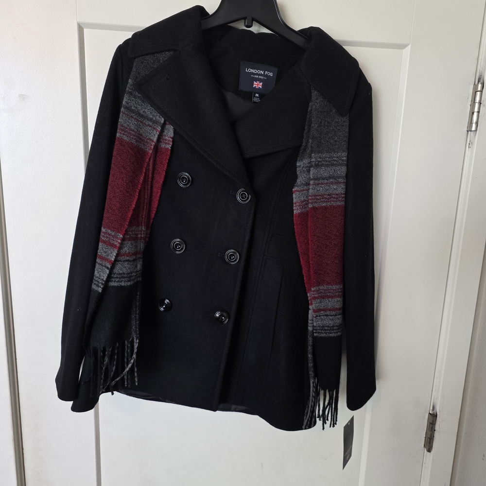 London Fog Women's Black and Gray Peacoat with Red Accents